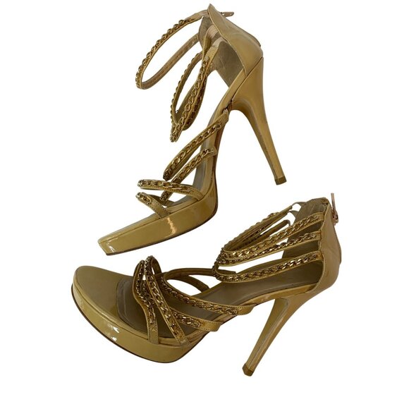 Stuart Weitzman Gold Leather Chain Strap Stiletto Sandals 7.5B  J10073 platform - Picture 4 of 13